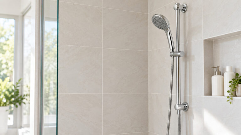 A chrome slide bar with handheld shower head mounted on tiled shower wall.