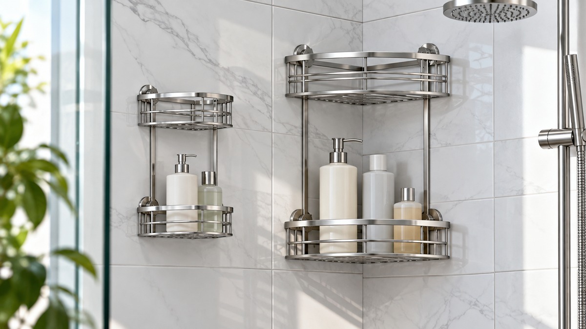 Two silver stainless steel corner caddies mounted on a shower wall, one large and one small, with bottles on the lower layer.