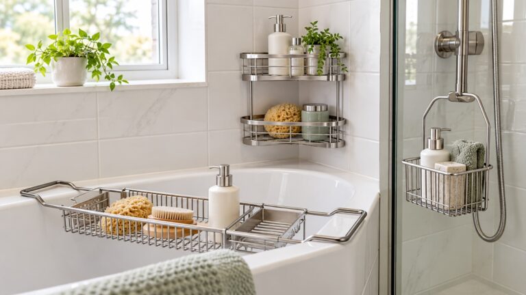 Several stainless steel bath caddies are arranged around a bright tiled tub and shower.