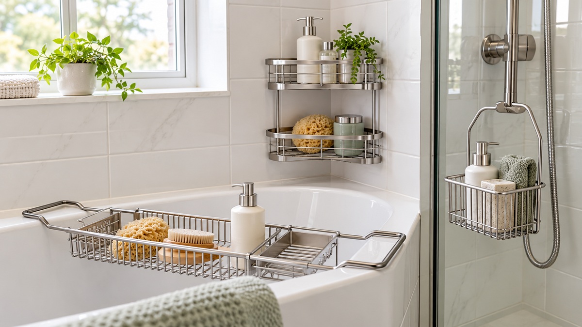 Several stainless steel bath caddies are arranged around a bright tiled tub and shower.