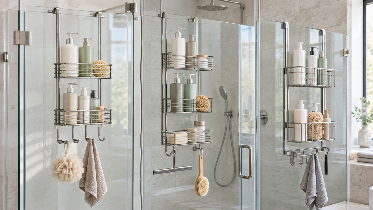 Three stainless steel over-door shower caddies displayed on glass enclosures.