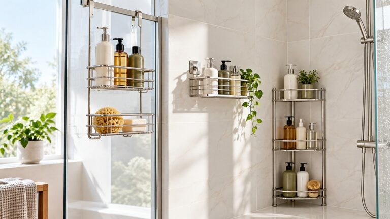 A bright bathroom showing hanging, adhesive and corner standing stainless shower caddies holding bottles.