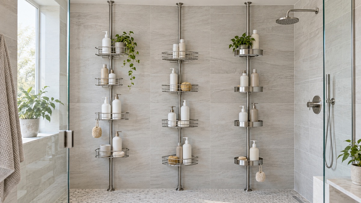 Three stainless steel tension pole shower caddies displayed against pale tile.