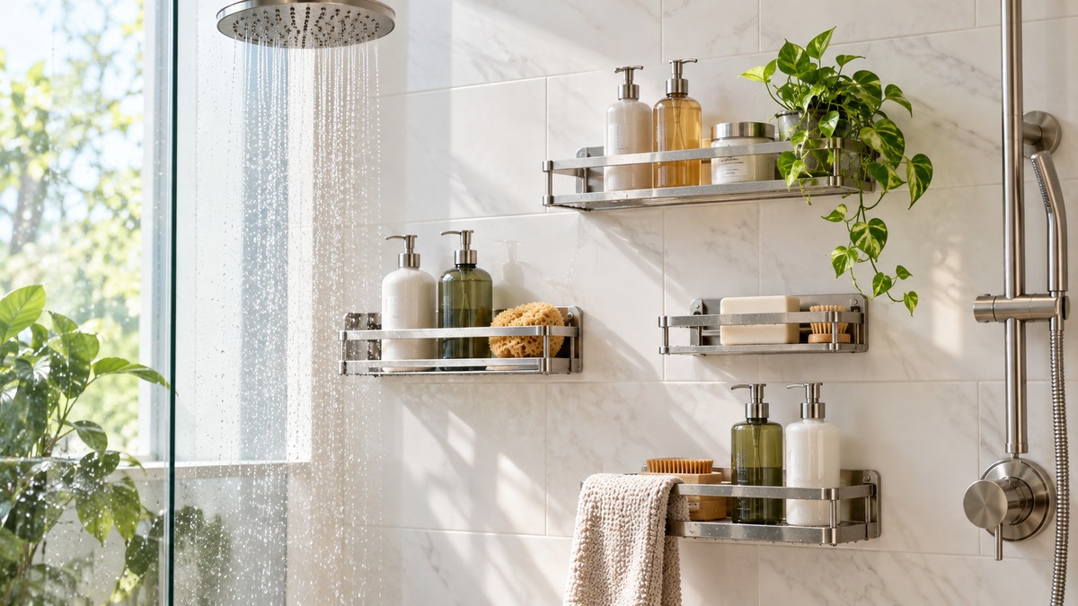 Stainless steel wall-mounted shower caddies in a tiled shower.
