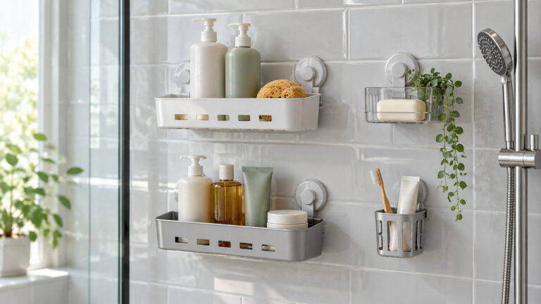Suction-mounted bathroom caddies holding plain toiletries on a clean tiled shower wall.