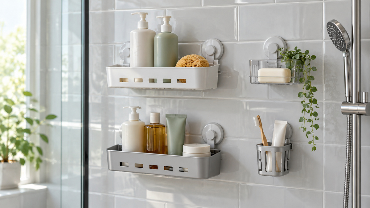 Suction-mounted bathroom caddies holding plain toiletries on a clean tiled shower wall.