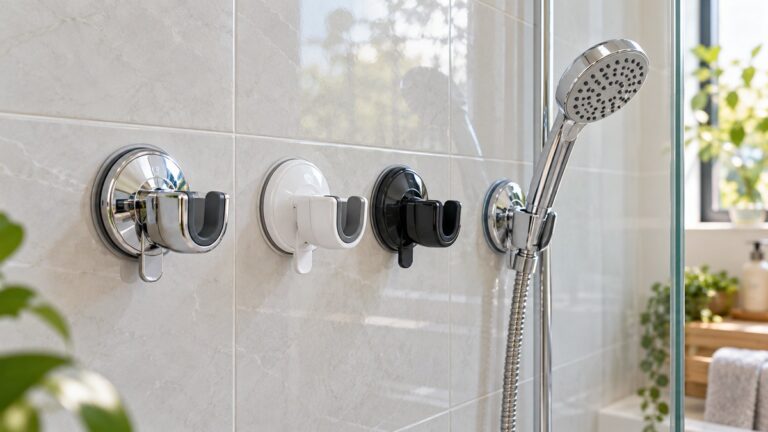 Generic suction cup shower head holders on bathroom tile.
