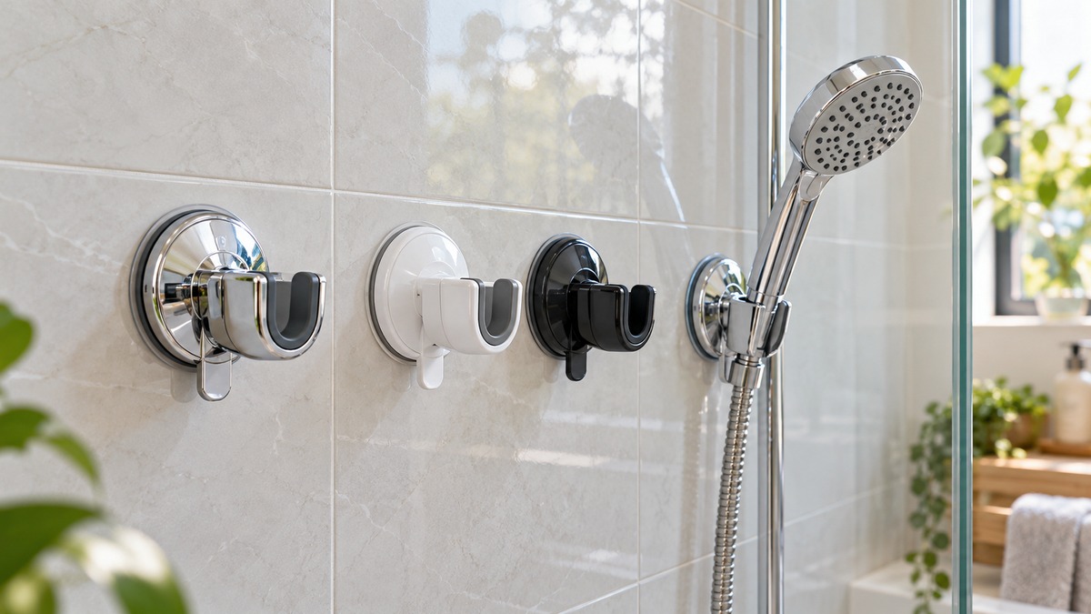 Generic suction cup shower head holders on bathroom tile.