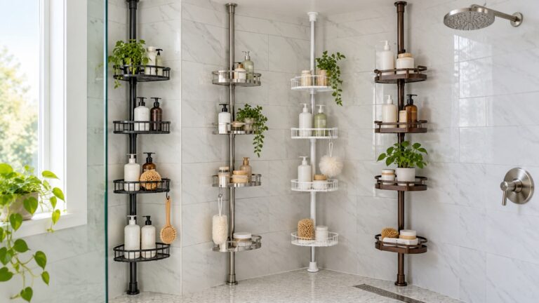 Several tension shower caddies are compared in a bright tiled shower corner.