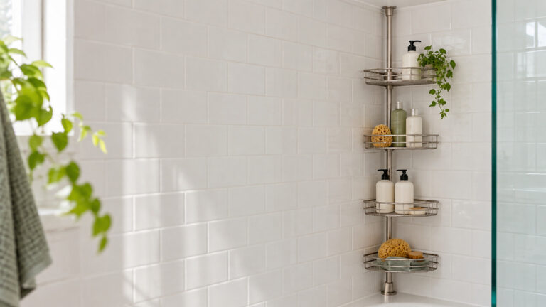 A corner tension pole shower caddy with four baskets installed floor to ceiling in a tiled shower corner.