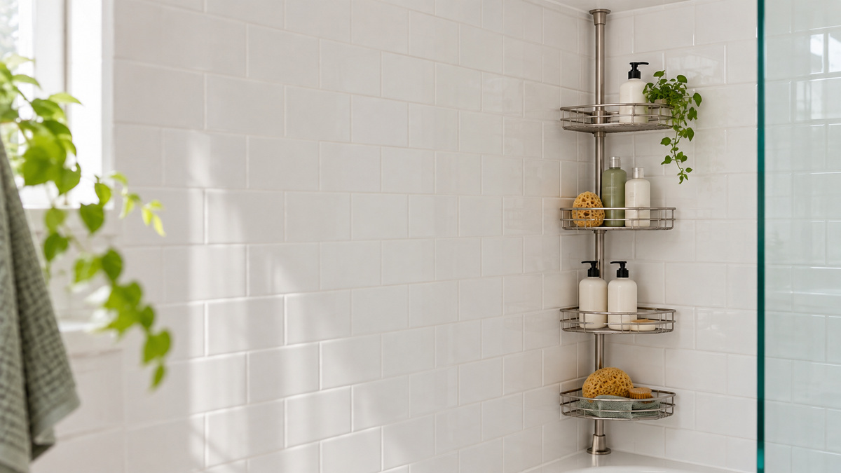 A corner tension pole shower caddy with four baskets installed floor to ceiling in a tiled shower corner.