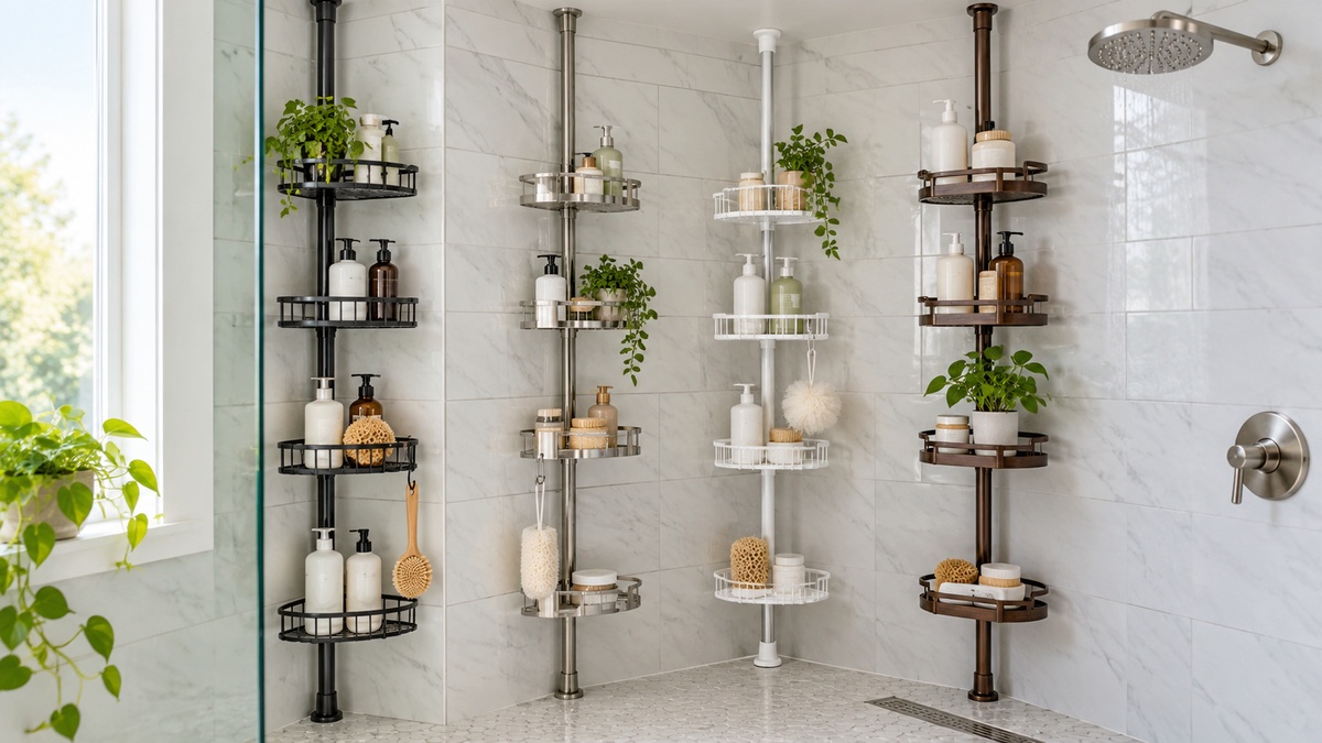 Several tension shower caddies are compared in a bright tiled shower corner.