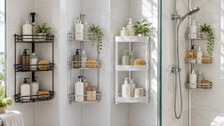 Several three-tier corner shower caddies are compared in a clean tiled shower.