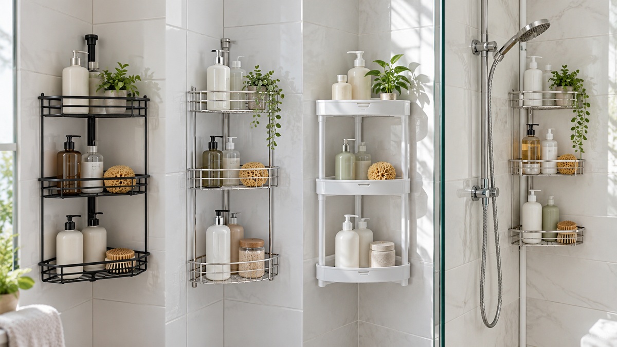 Several three-tier corner shower caddies are compared in a clean tiled shower.