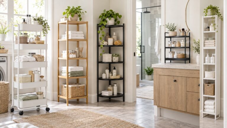 Five tiered storage caddies displayed in a bright organized bathroom and utility space.
