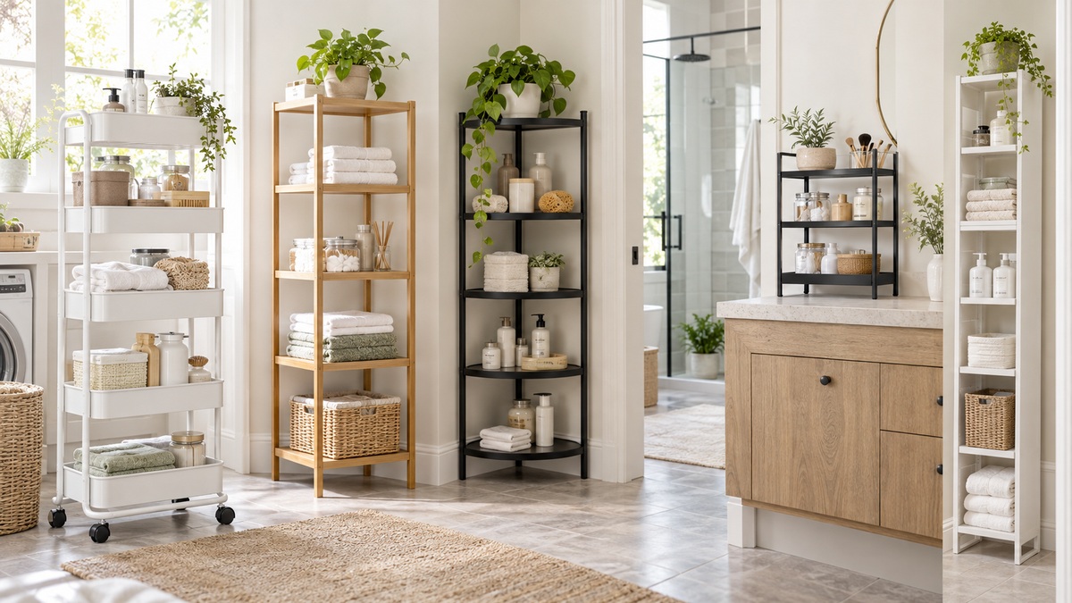 Five tiered storage caddies displayed in a bright organized bathroom and utility space.