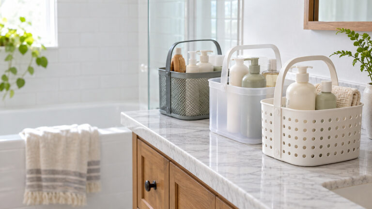 A row of plastic and mesh toiletry caddies with handles holding shampoo bottles on a bathroom counter.