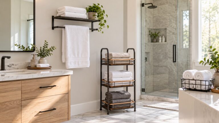 Several towel caddy styles hold folded towels in a bright modern bathroom.