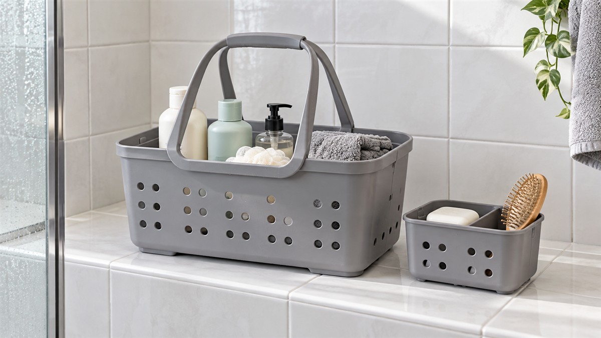 A grey plastic bath tote with a small removable caddy on a tiled dorm shower shelf.