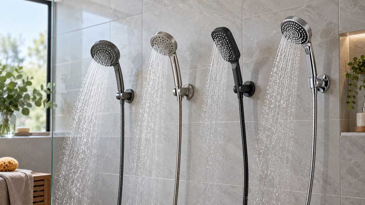 Four water-efficient handheld shower heads display distinct spray patterns in a bright shower.