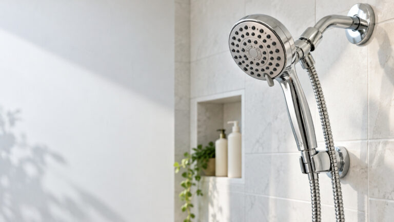 A chrome handheld massage showerhead on a hose beside a shower arm, close view of spray face.