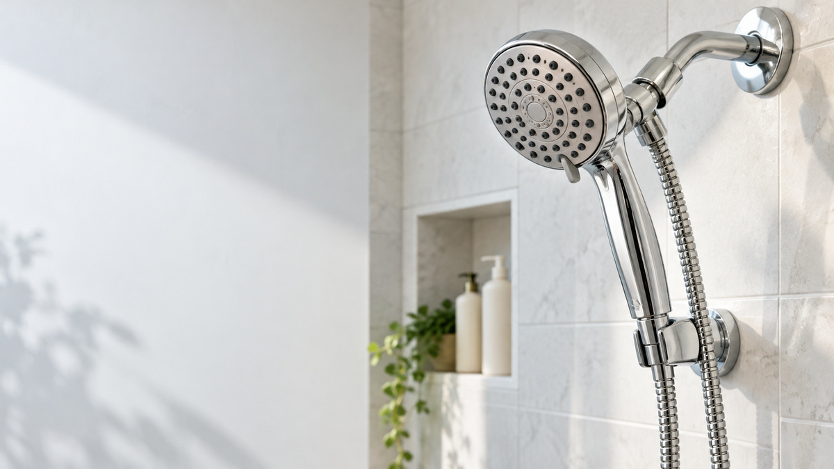 A chrome handheld massage showerhead on a hose beside a shower arm, close view of spray face.