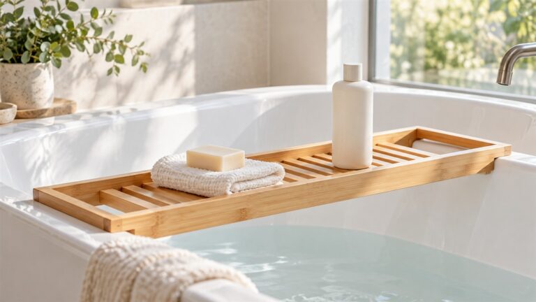 A plastic tub caddy with a light wood handle resting on the edge of a bathtub beside a shampoo bottle and a bar of soap.
