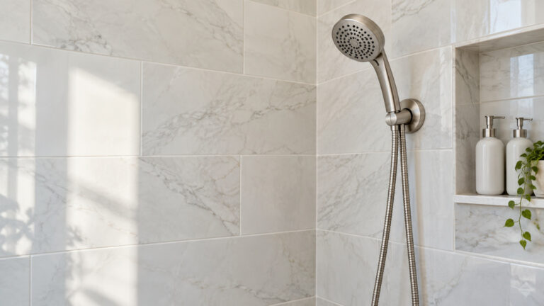 A brushed nickel handheld shower head mounted on a tiled shower wall with its stainless steel hose hanging below.