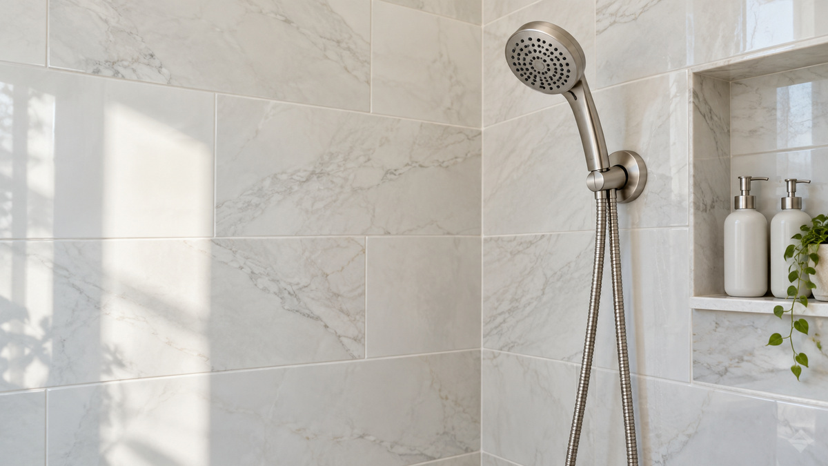 A brushed nickel handheld shower head mounted on a tiled shower wall with its stainless steel hose hanging below.