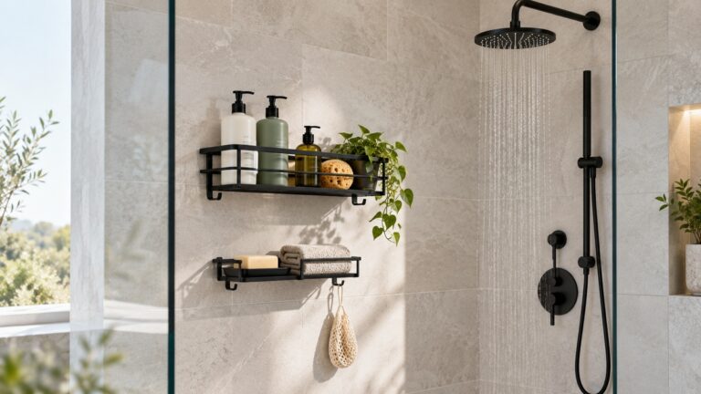 Matte black shower racks hold simple bath essentials against light stone tile.