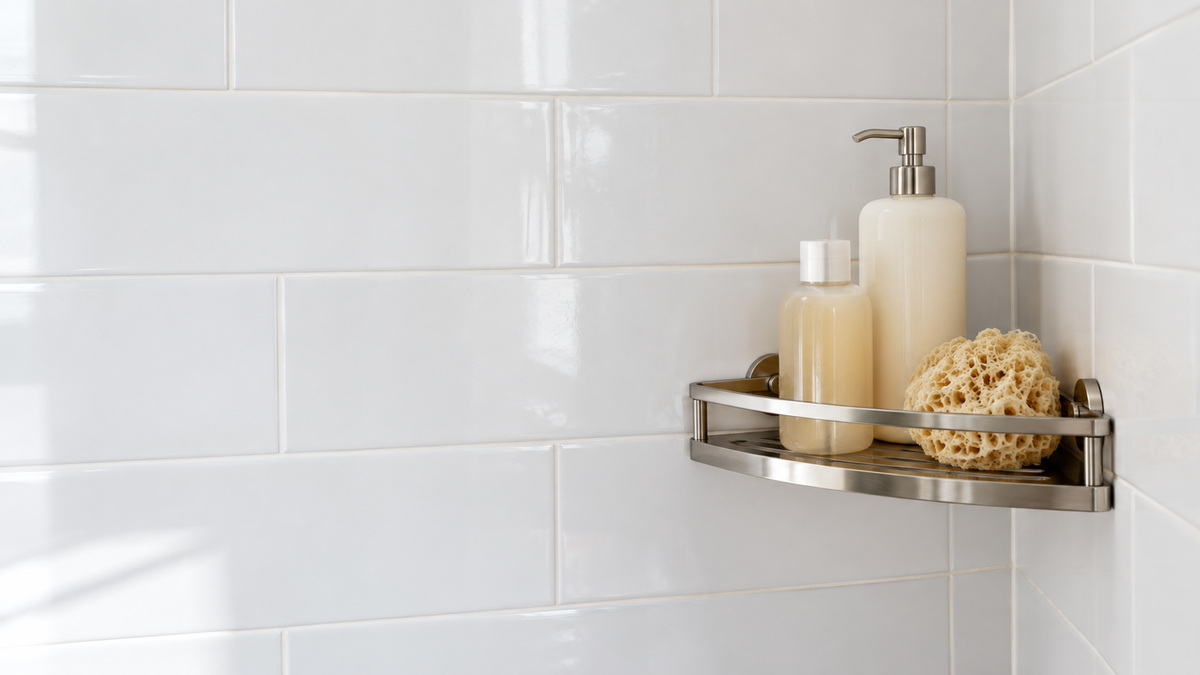 A brushed nickel triangular corner shelf installed in a white tiled shower corner holding shampoo bottles.