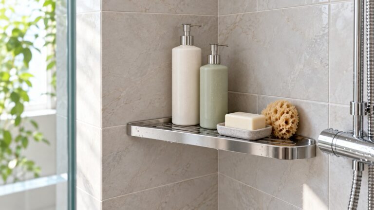 A tiled shower corner with a diagonal corner shelf holding shampoo and soap in soft daylight.