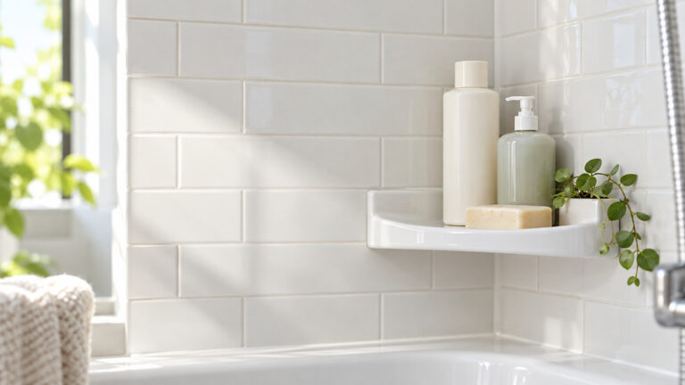 A bright tiled shower corner with a white ceramic corner shelf holding shampoo and soap.