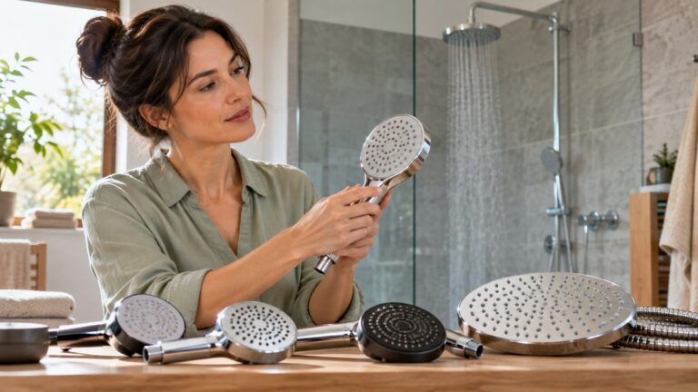 Homeowner comparing several shower head styles in a modern bathroom