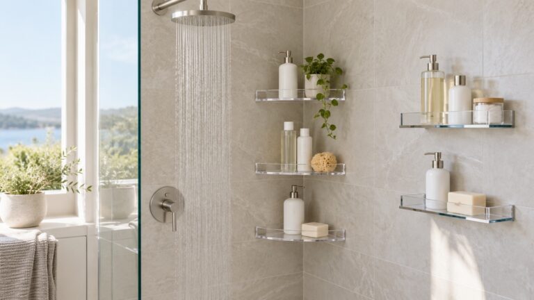 Several clear shower shelves hold plain bath essentials in a bright modern shower.