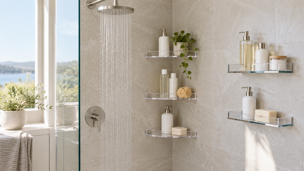 Several clear shower shelves hold plain bath essentials in a bright modern shower.