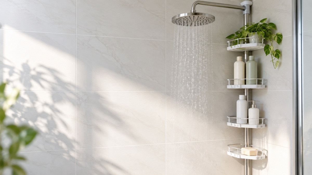 A bright corner shower with a tension-pole organiser holding shampoo bottles.