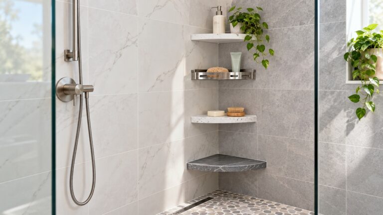 Several corner shelves at practical heights furnish a bright modern shower.