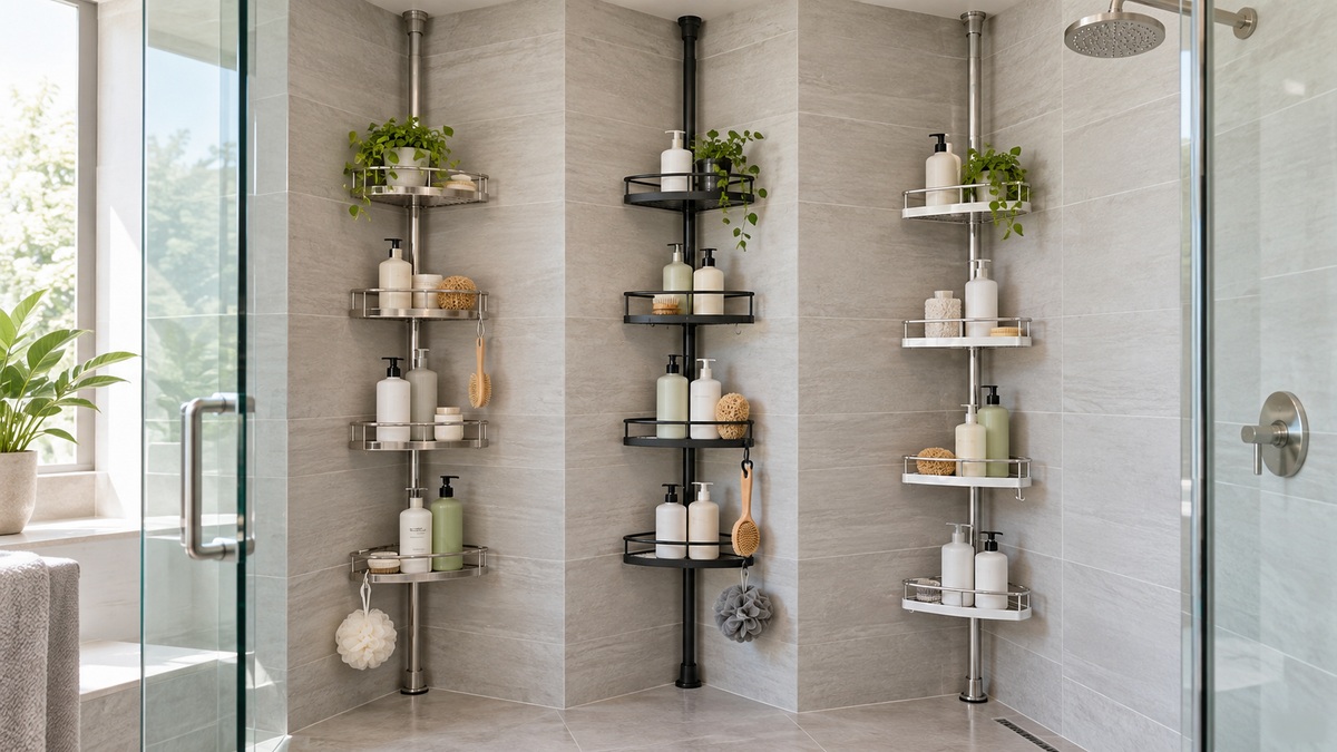 Three corner shower tension pole caddies displayed in a bright tiled shower.