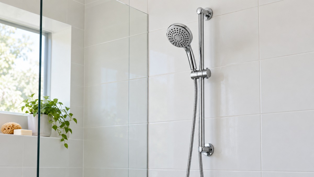 A chrome hand-held shower head on a vertical slide bar, with its hose hanging down the wall of a white tiled shower.