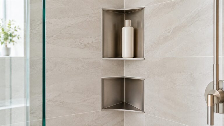 Two brushed nickel recessed corner shelves set into a tiled bathroom corner, with a bottle of shampoo on the upper shelf.