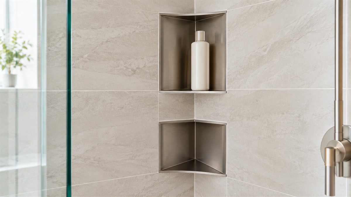 Two brushed nickel recessed corner shelves set into a tiled bathroom corner, with a bottle of shampoo on the upper shelf.
