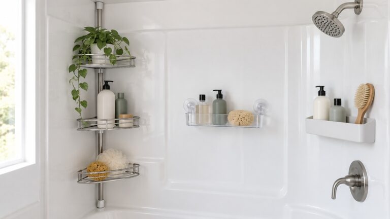 Tension, suction, and adhesive shelves are compared in a bright fiberglass shower.
