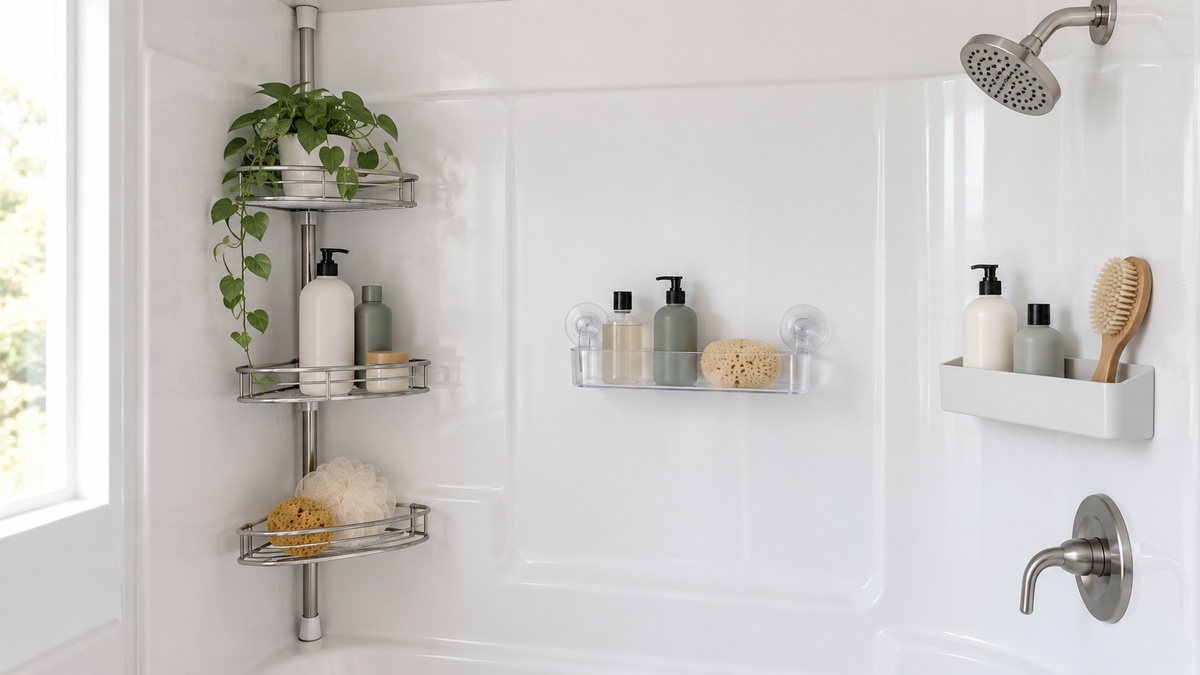 Tension, suction, and adhesive shelves are compared in a bright fiberglass shower.