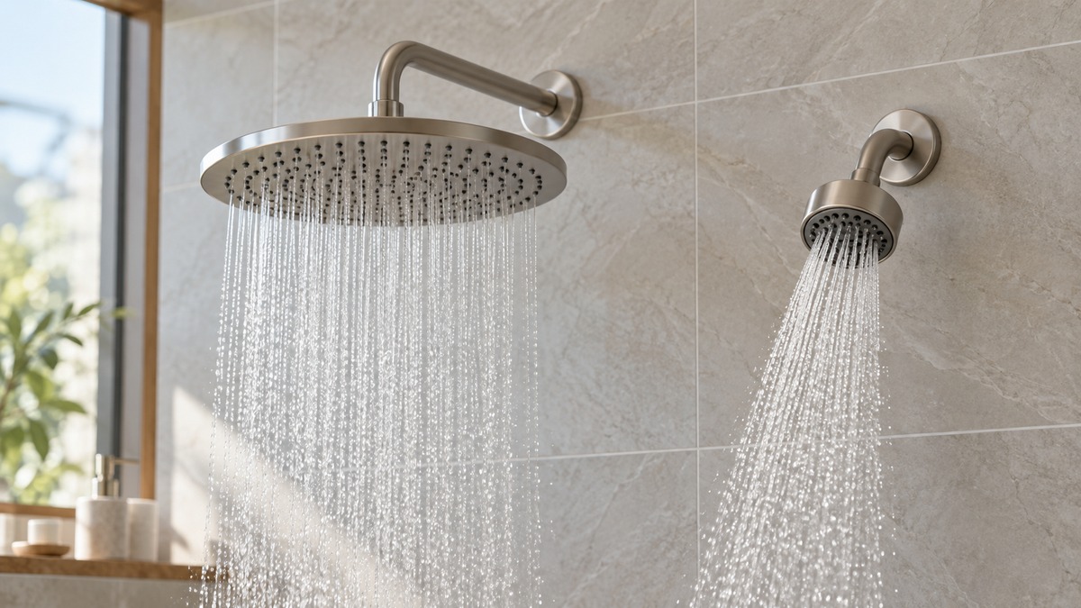 Side-by-side product image of the BOZYBO and SparkPod fixed showerheads bozybo options on a clean neutral background, showing their visible size and design differences.