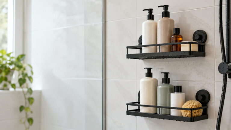 A clean tiled shower wall with two black floating shower shelves holding shampoo bottles.