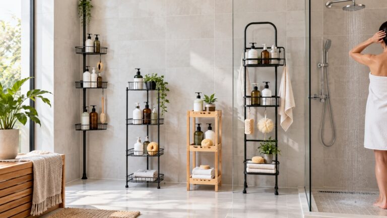 A clear comparison scene showing free standing shower rack options beside their intended installation or use area.