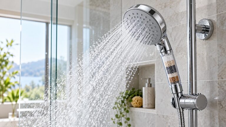 Filtered handheld shower head spraying water in a bright contemporary bathroom