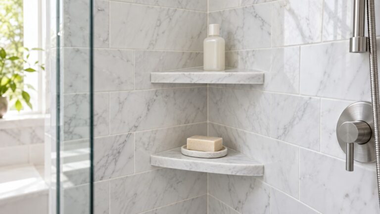 Two white marble corner shelves mounted in a tiled shower corner, holding a bar of soap and a small bottle of shampoo.