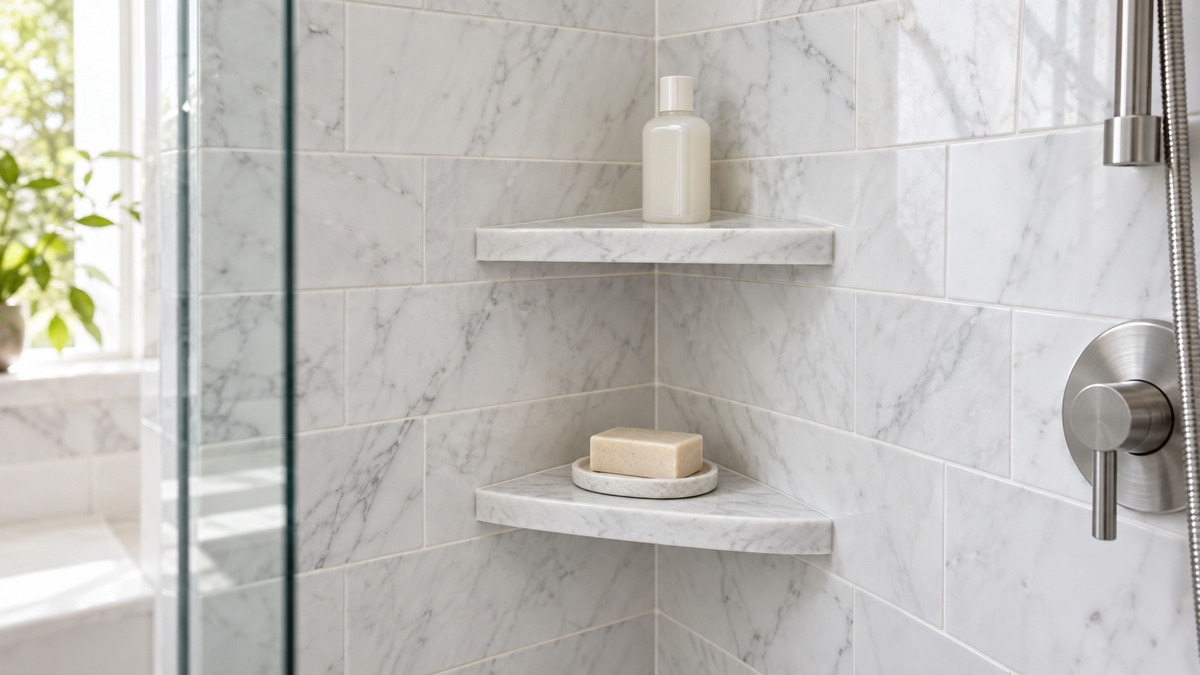 Two white marble corner shelves mounted in a tiled shower corner, holding a bar of soap and a small bottle of shampoo.